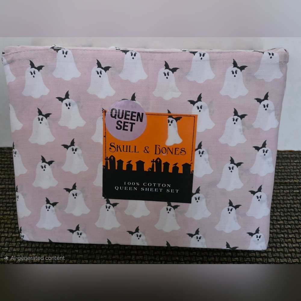 Skull & Bones Pink Ghost Queen Bed Sheet Set NEW ~ Halloween